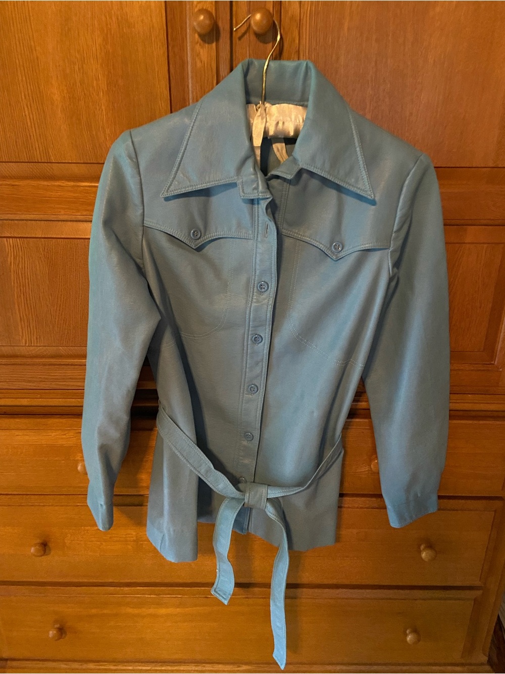 Vintage 70s Womens Light Blue Button-Up Belted Jacket